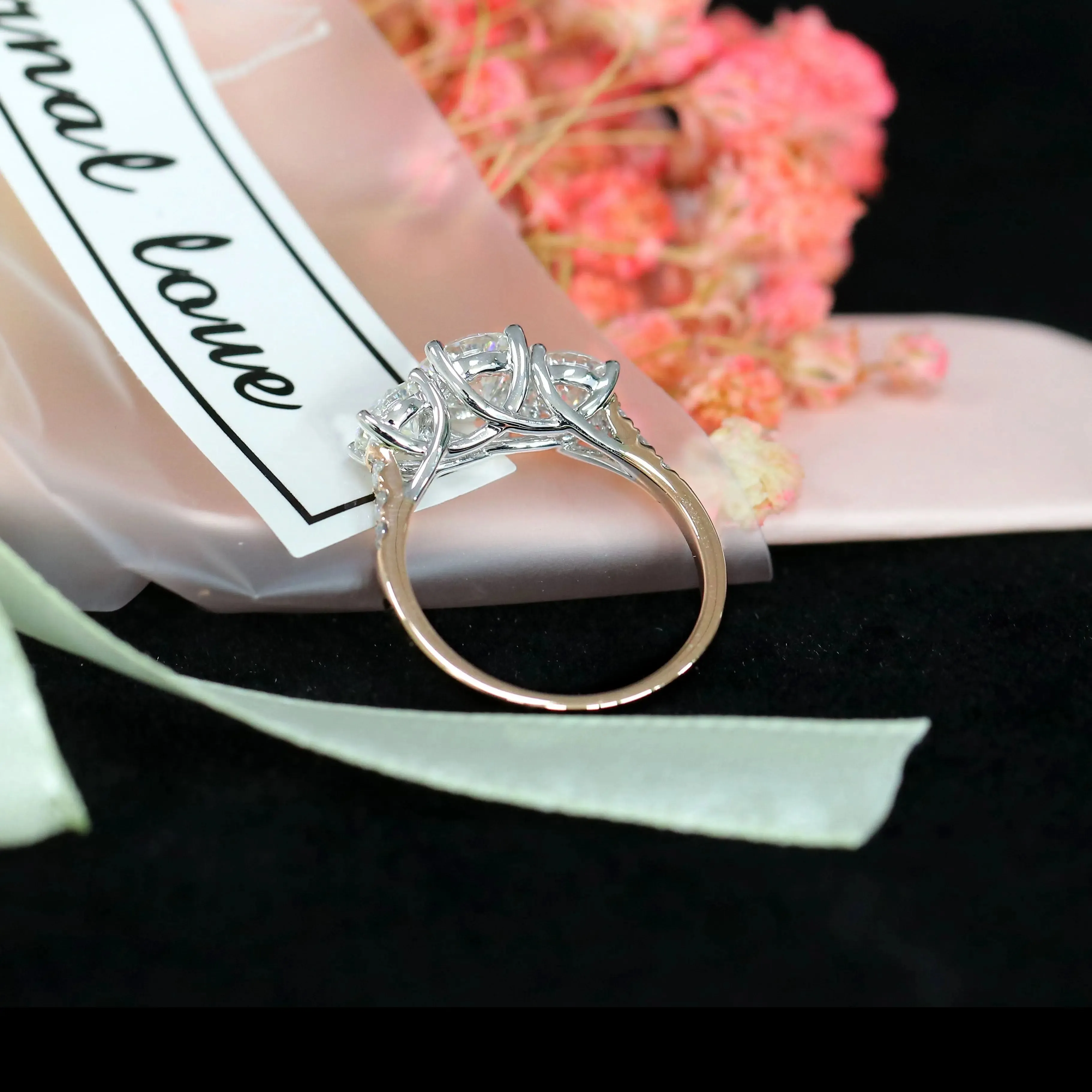 14k White & Rose Gold 3 Stone Moissanite Ring 2ct Total
