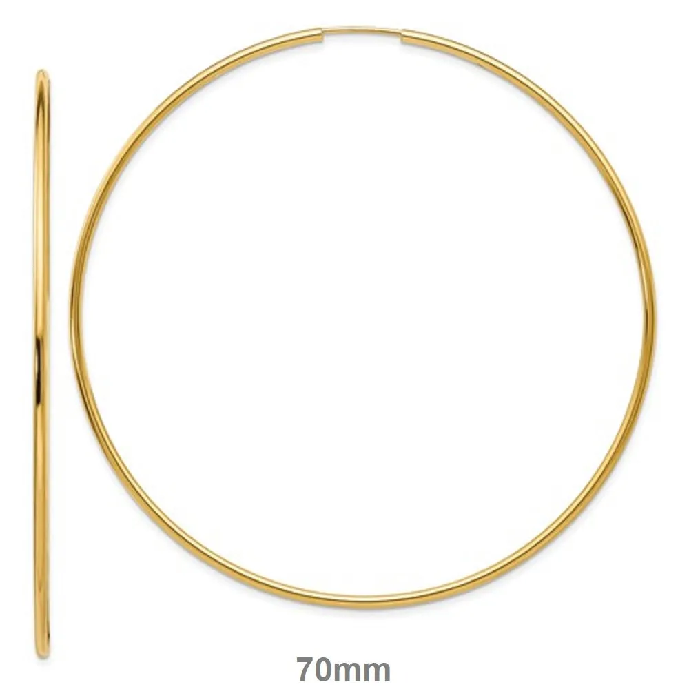14k Yellow Gold Endless Hoop Earrings (1.2mm Tube), Extra Large Sizes