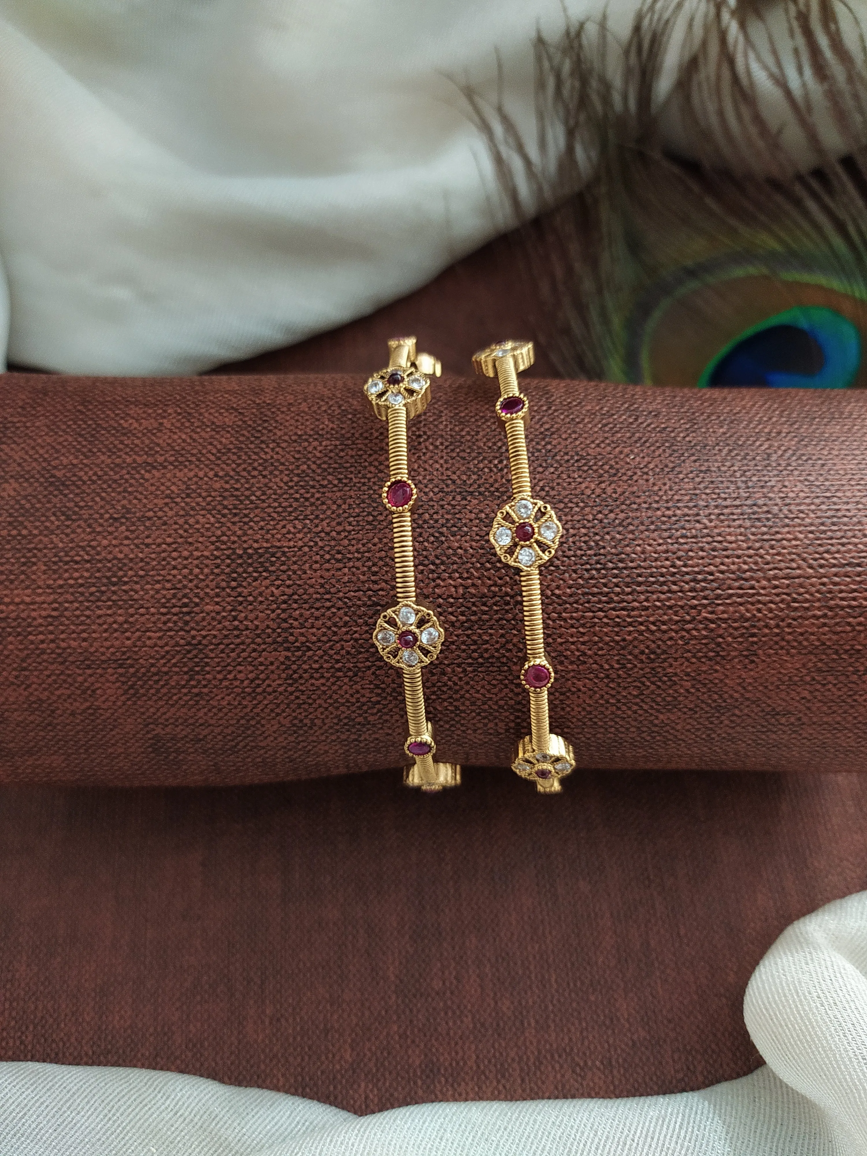 A Timeless Bloom of Antique Gold-Plated Floral Bangles in Red & Green