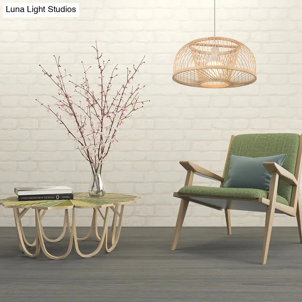 Asian Style Beige Bamboo Pendant Light for Living Room - Domed Ceiling Hanging with 1 Head