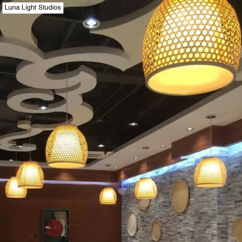 Bell Shaped Bamboo Hanging Lamp - Chinese Style for Dining Room with 1-Light and Beige Down Lighting