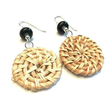 Black Glass Beaded Woven Wicker Earrings