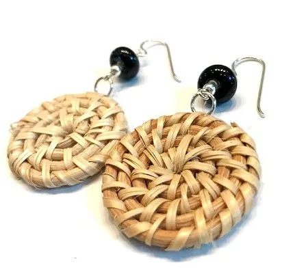 Black Glass Beaded Woven Wicker Earrings