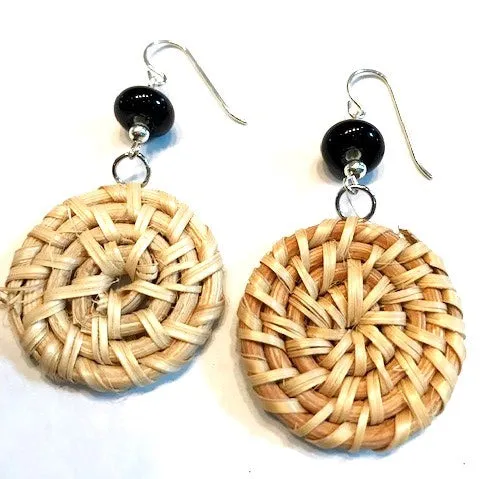 Black Glass Beaded Woven Wicker Earrings