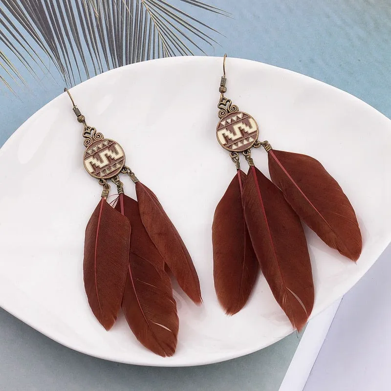 Bohemian Feather Tassel Earrings For Women Water Drop Vintage Statement Earrings