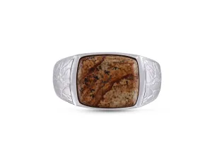Brown Picasso Jasper Stone Signet Ring in 14K Yellow Gold Plated Sterling Silver