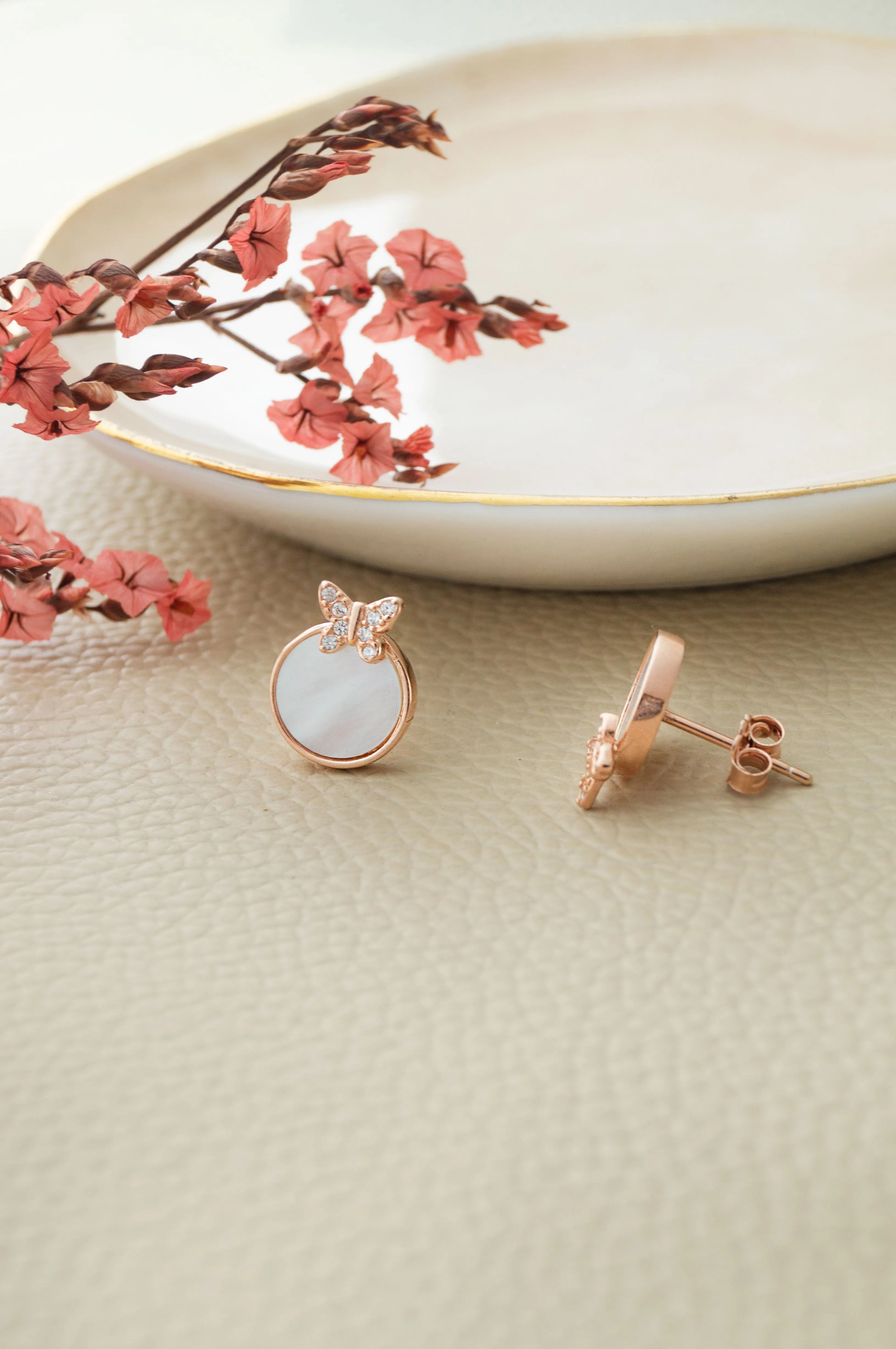 Butterfly On Mother Of Pearl Rose Gold Plated Sterling Silver Stud Earrings