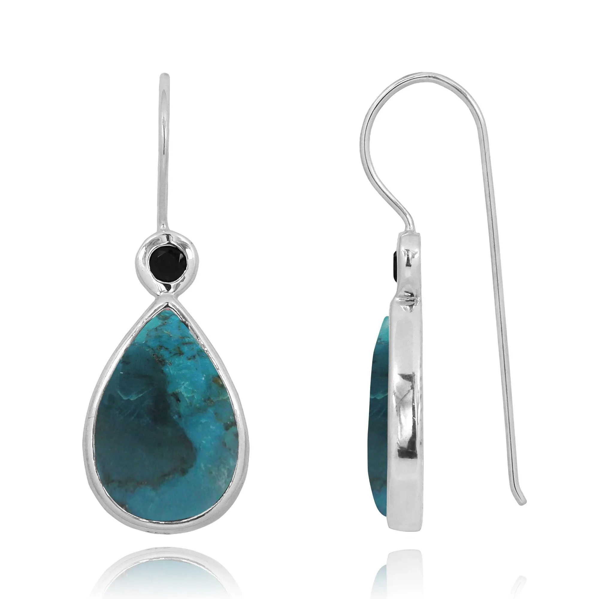 Compressed Turquoise  French Wire Earrings with 1 0 Shape Black Spinal Stone