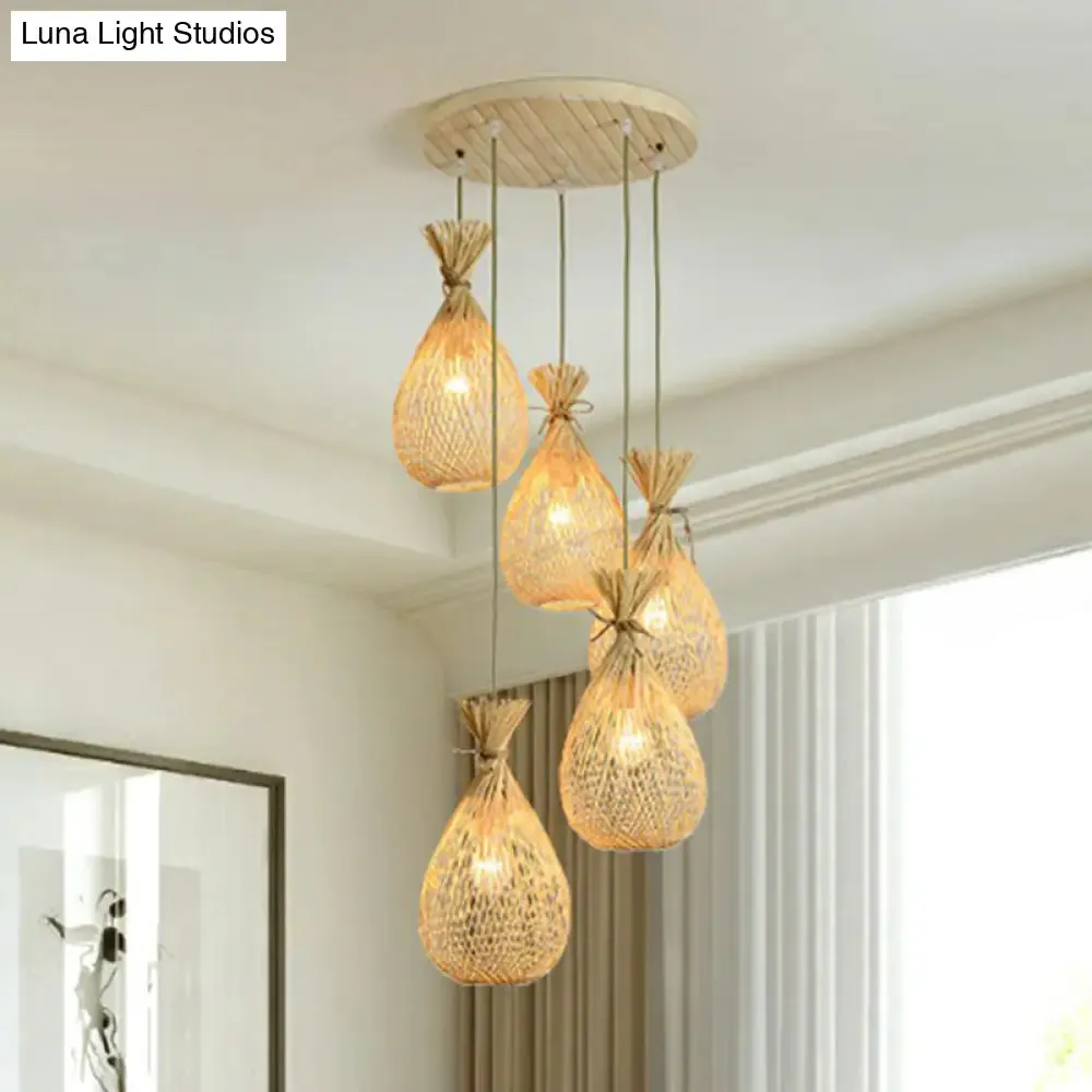 Cottage Bamboo Cluster Pendant Light Fixture - Wood Teardrop Shape, 3 Heads