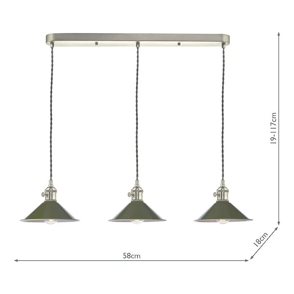 Dar Hadano 3 Bar Light Antique Chrome with Olive Green Shades