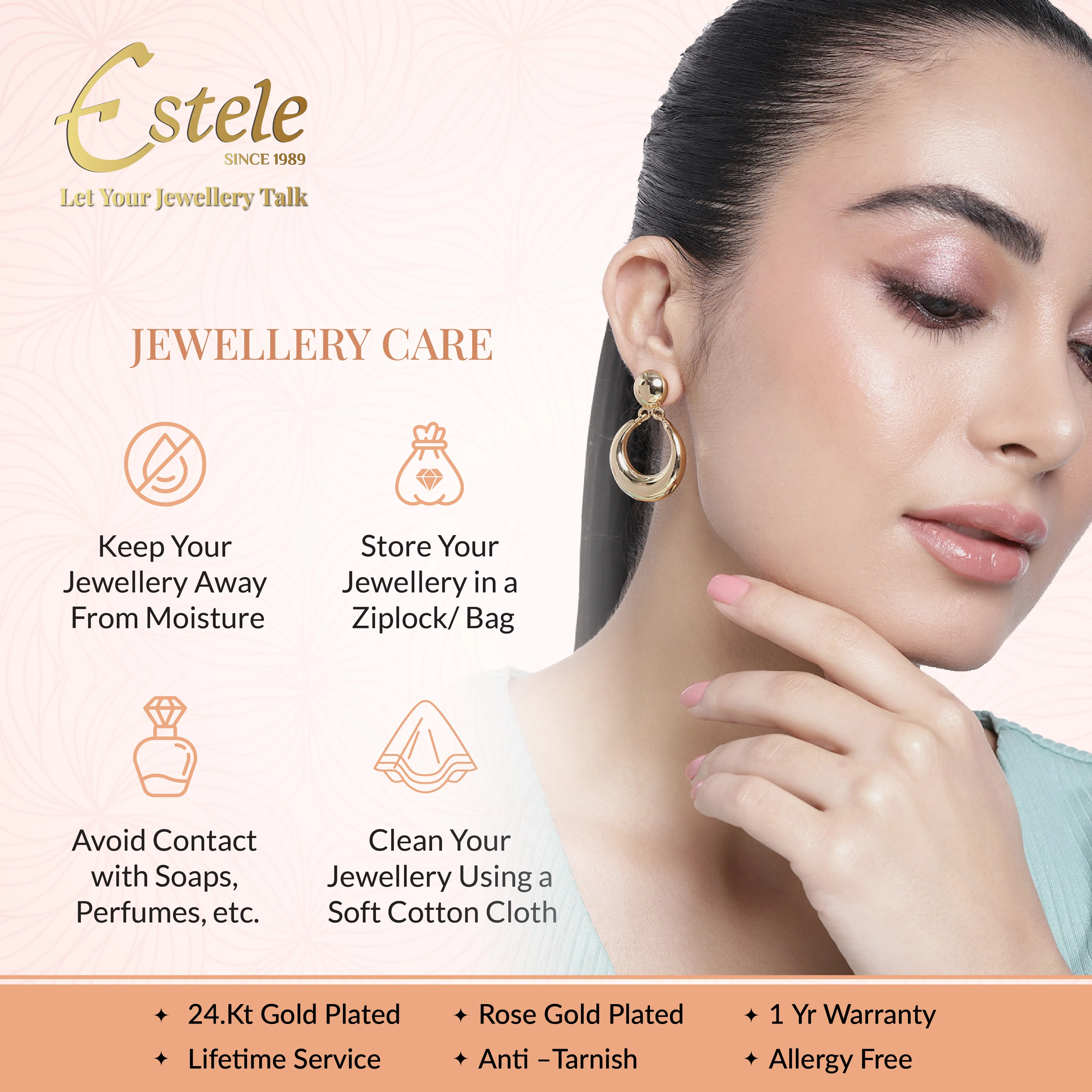 Estele Rose Gold Plated CZ Circular Designer Stud Earrings with White Stones for Women