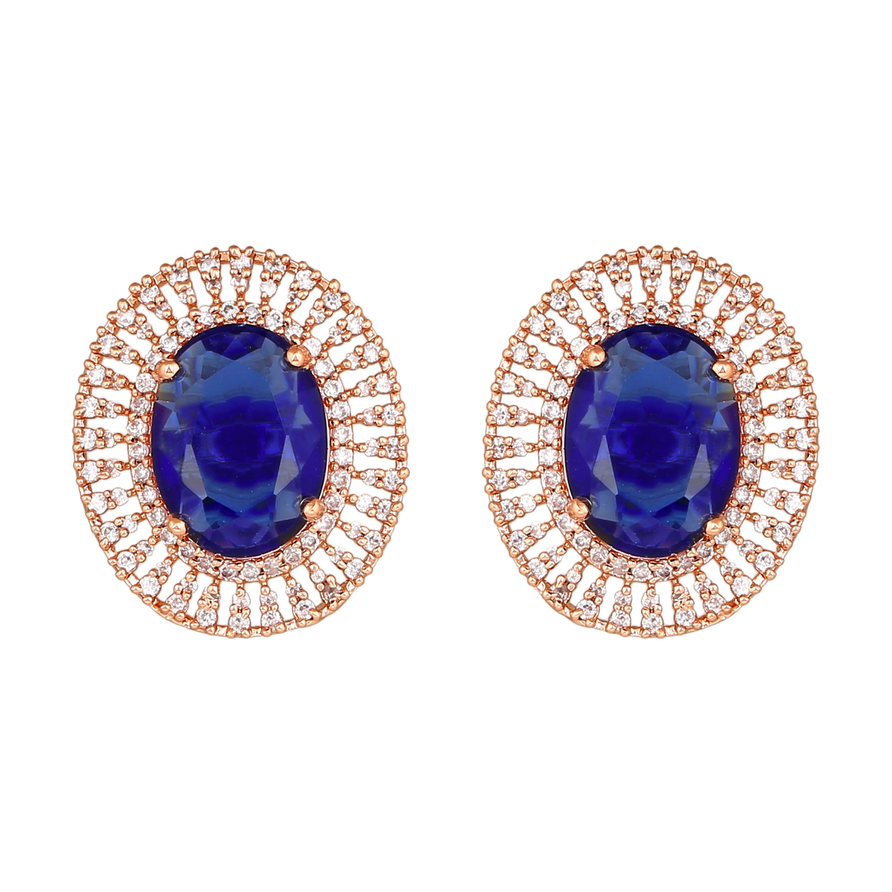 Estele Rose Gold Plated CZ Circular Stud Earrings with Blue Stones for Women