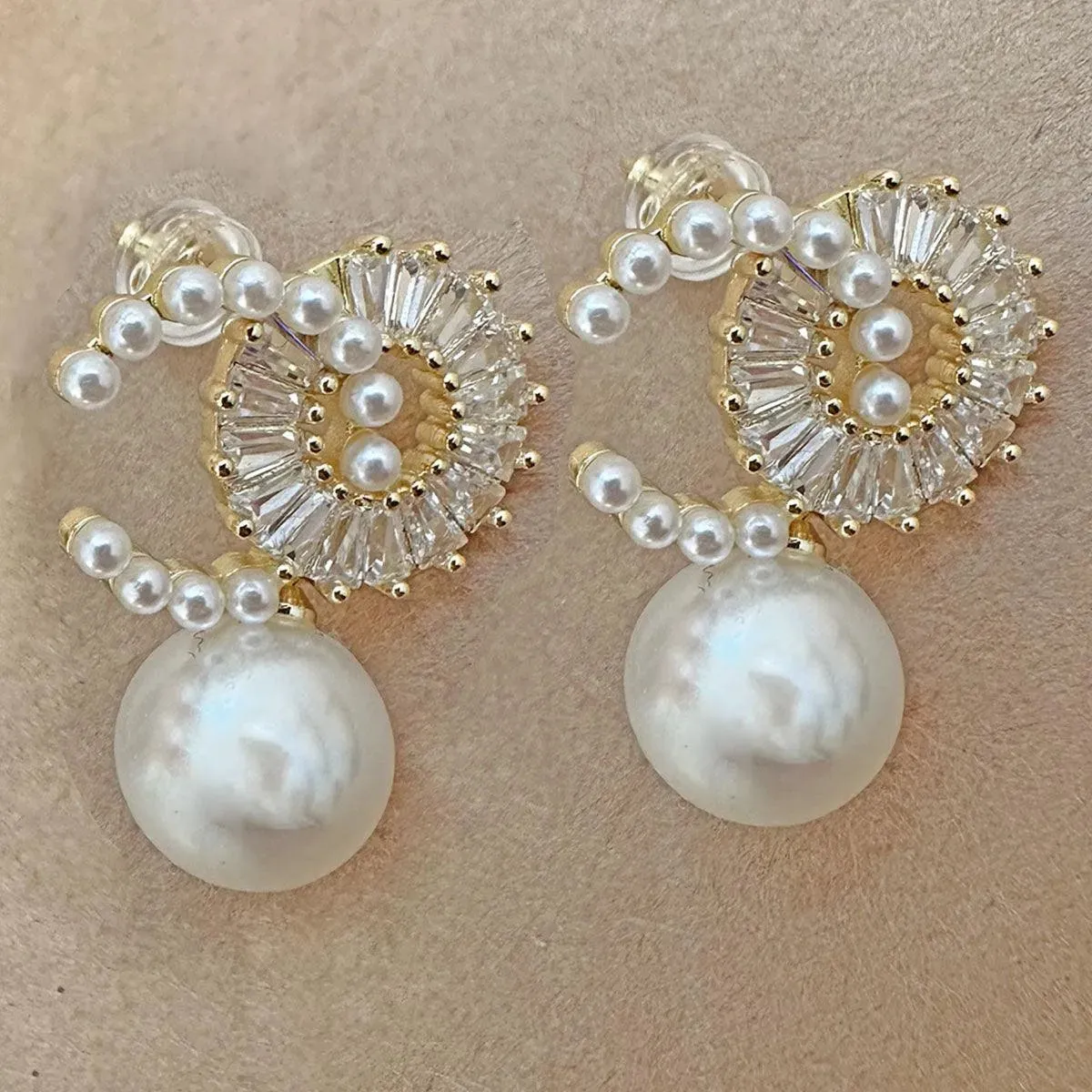 Fashion Jewelry: Gorgeous CZ Drop Pearl Earrings in Gold Finish