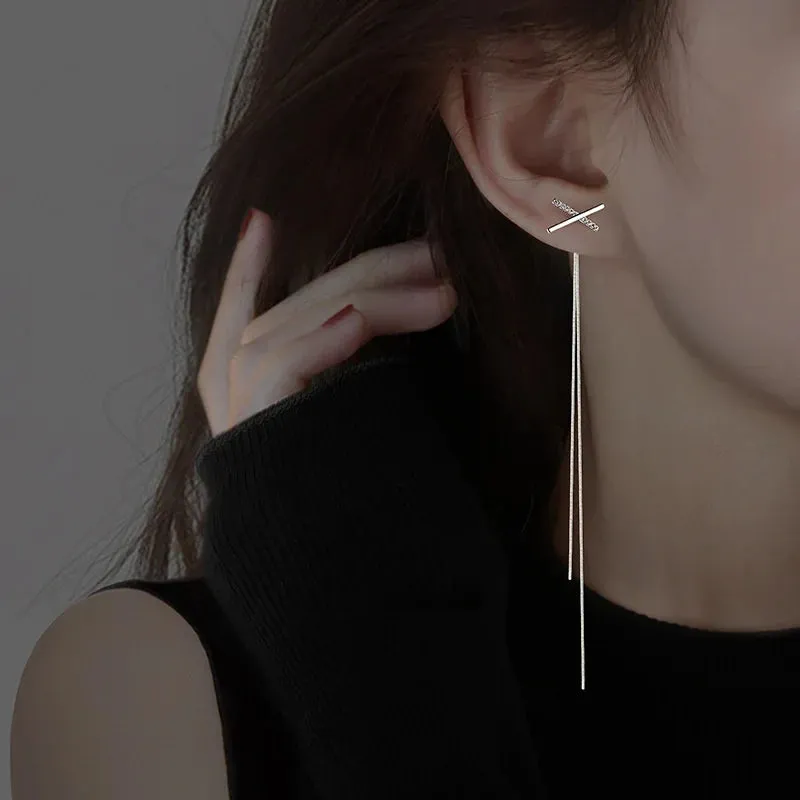 Geometric Long Tassel Black Heart Ear Line Pendant Korean Earring