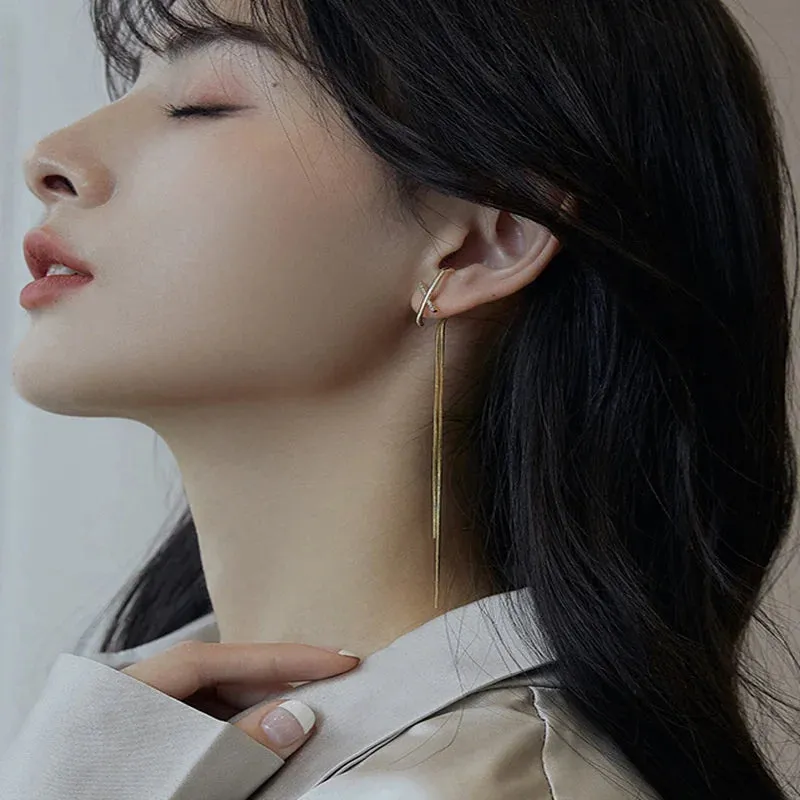Geometric Long Tassel Black Heart Ear Line Pendant Korean Earring