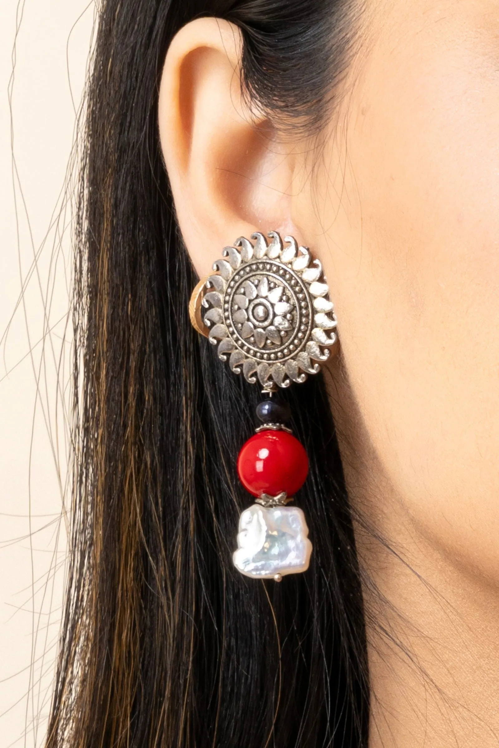 German Silver Floral Stud Semi Precious Baroque Pearl Coral Earrings