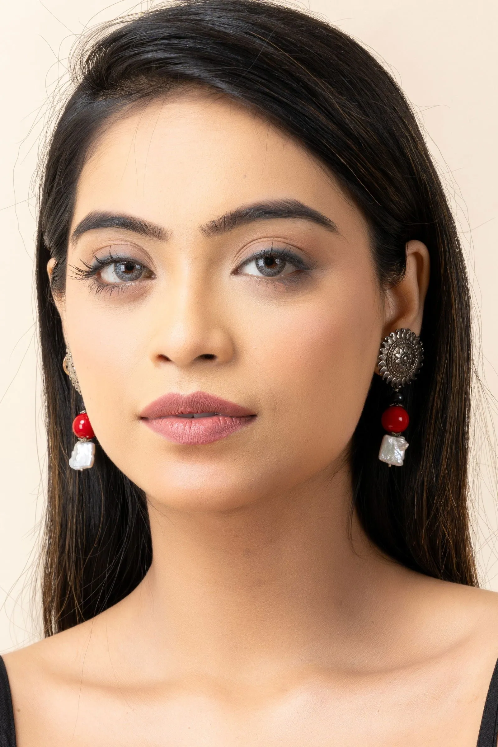 German Silver Floral Stud Semi Precious Baroque Pearl Coral Earrings