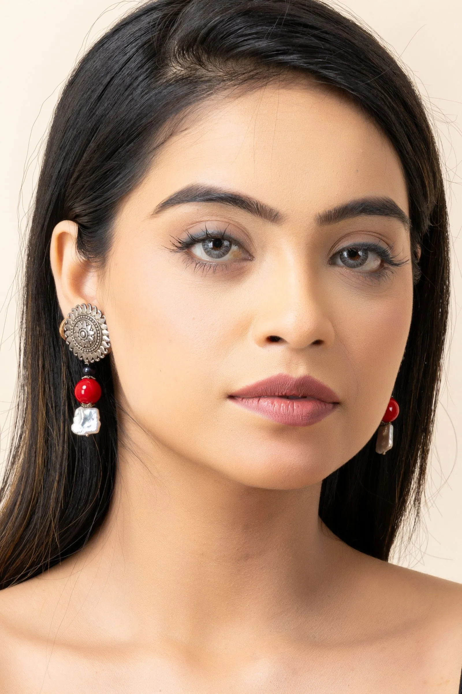 German Silver Floral Stud Semi Precious Baroque Pearl Coral Earrings