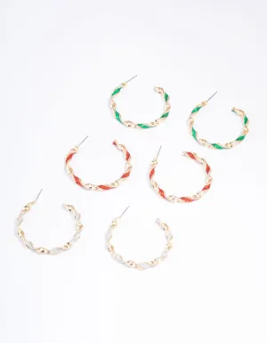 Gold Glitter Twisted Festive Hoop Earrings 3-Pack