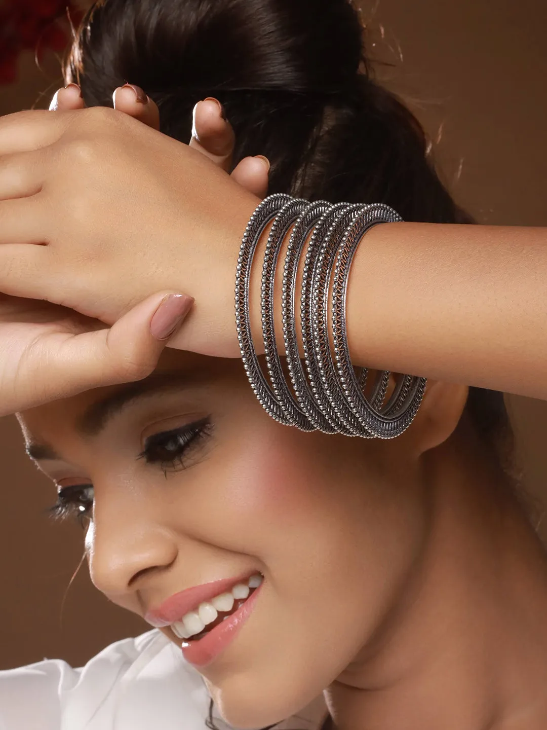 Jazz And Sizzle Set of 6 Oxidised Silver-Plated Oxidised Bangles Set