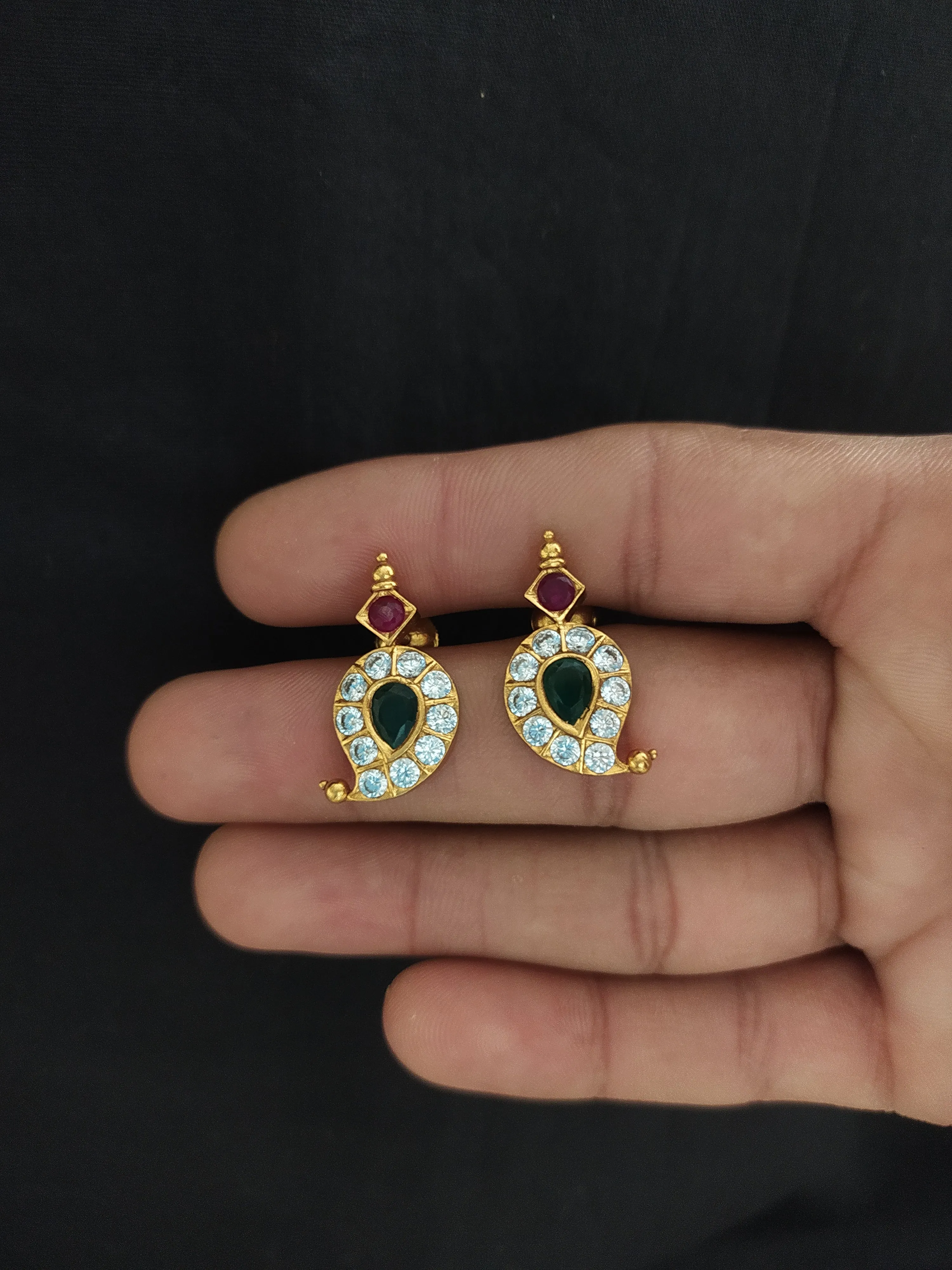 Mango-shaped pure Silver Studs with Semi-Precious Stones