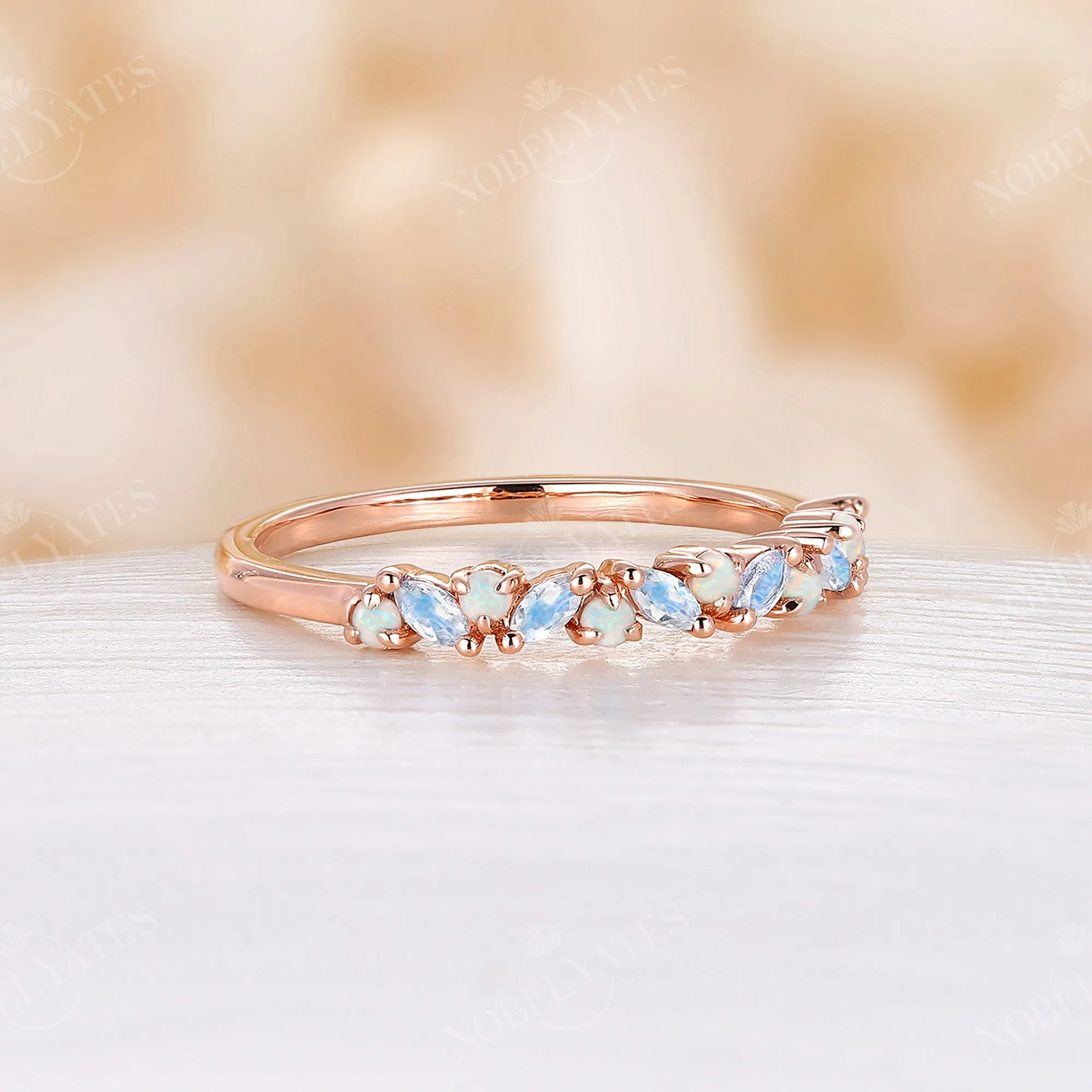 Marquise Moonstone & Round Opal Wedding Band Rose Gold