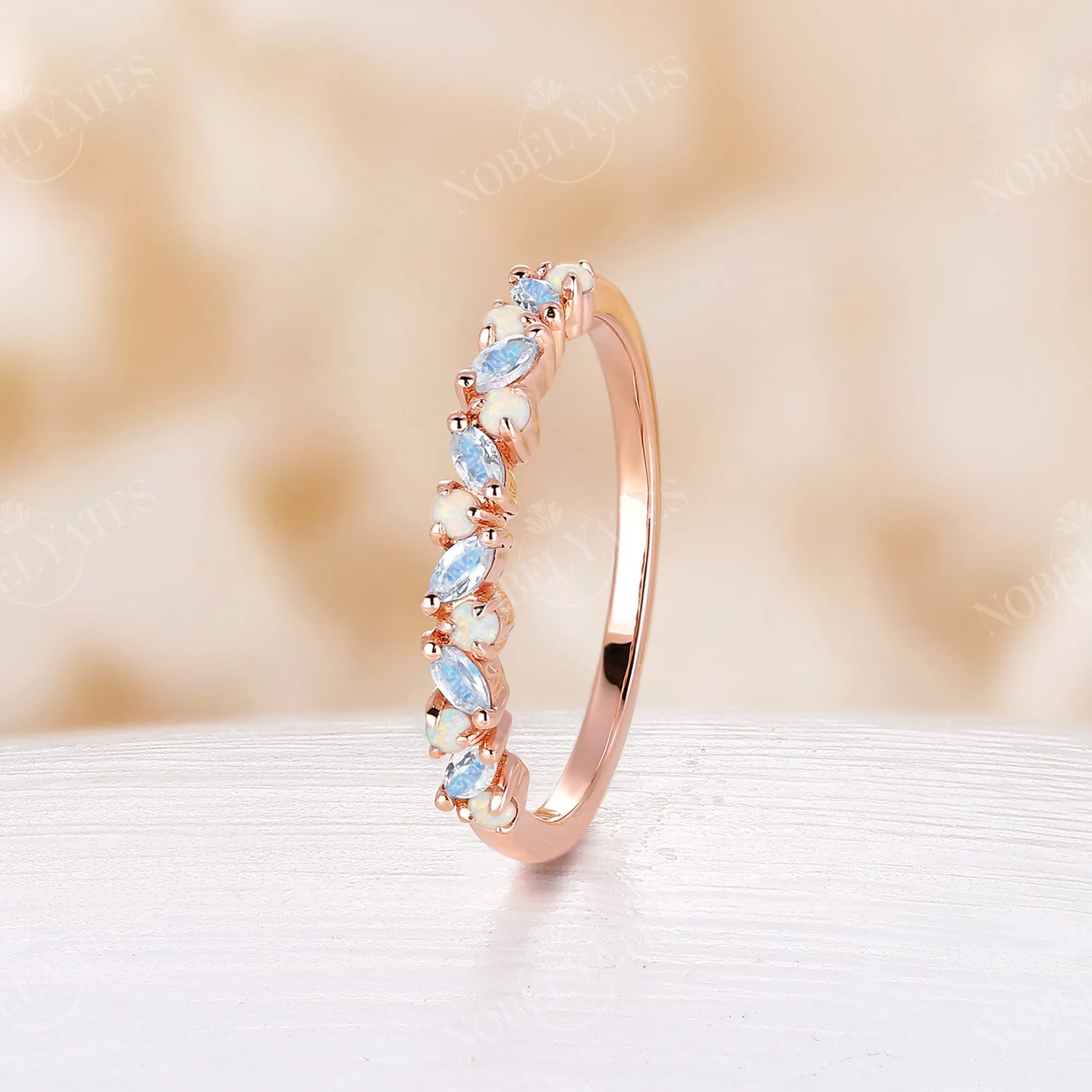Marquise Moonstone & Round Opal Wedding Band Rose Gold