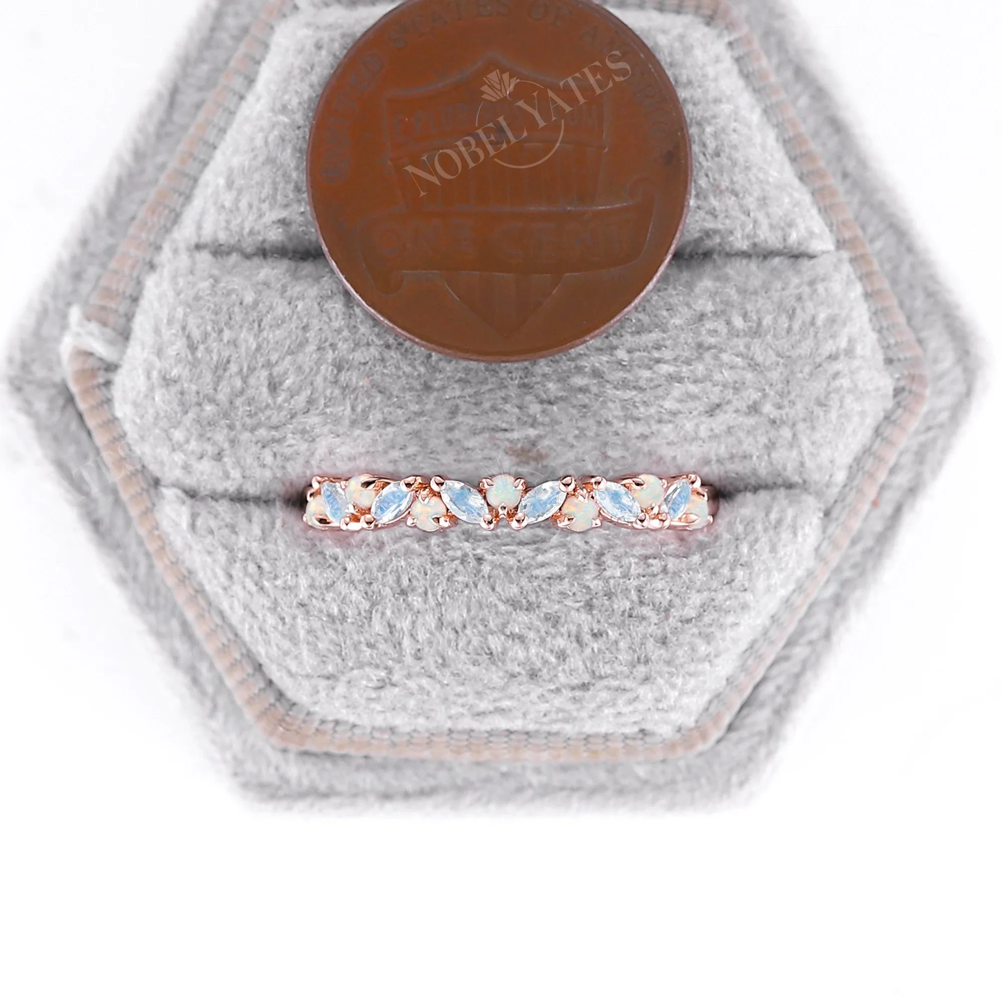 Marquise Moonstone & Round Opal Wedding Band Rose Gold