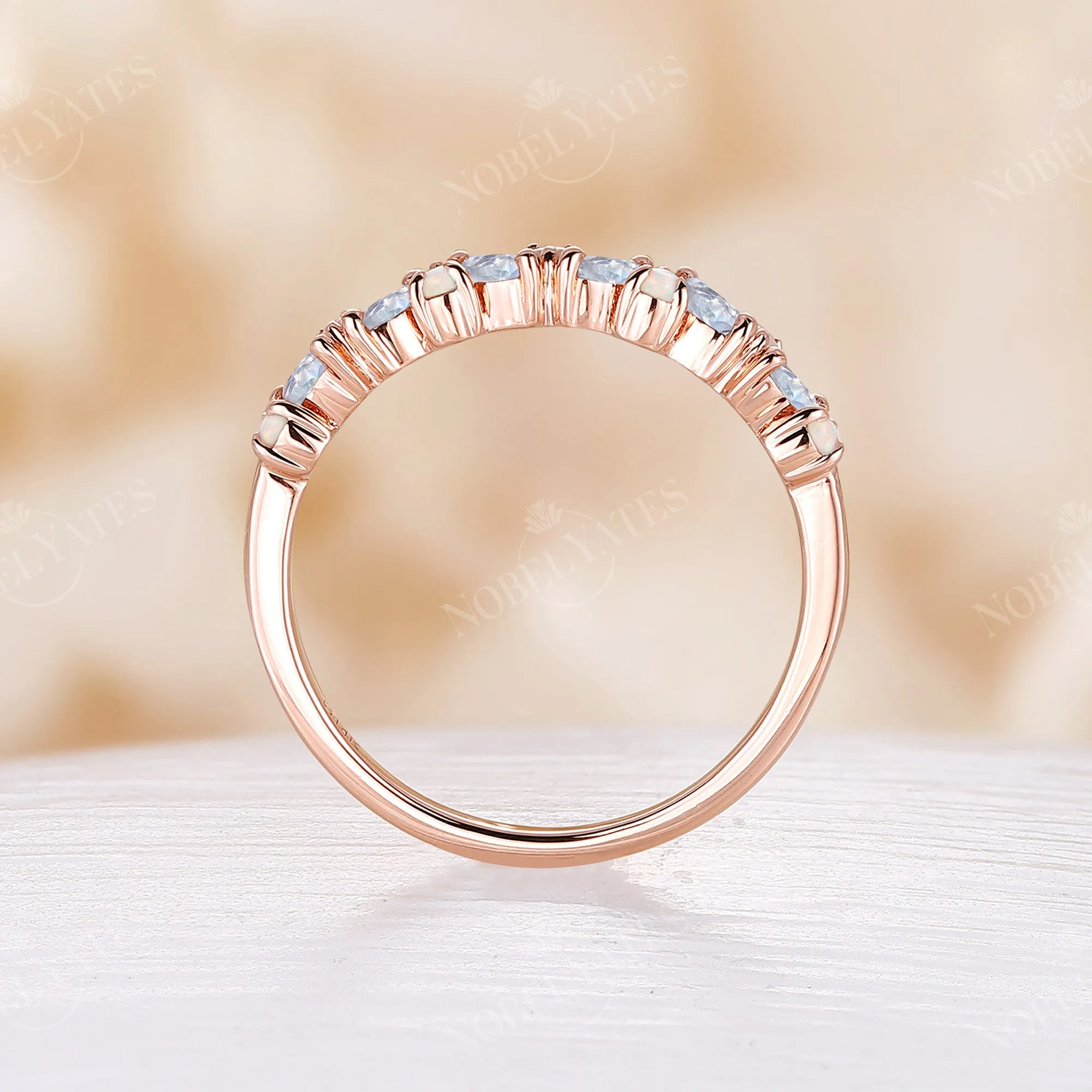 Marquise Moonstone & Round Opal Wedding Band Rose Gold
