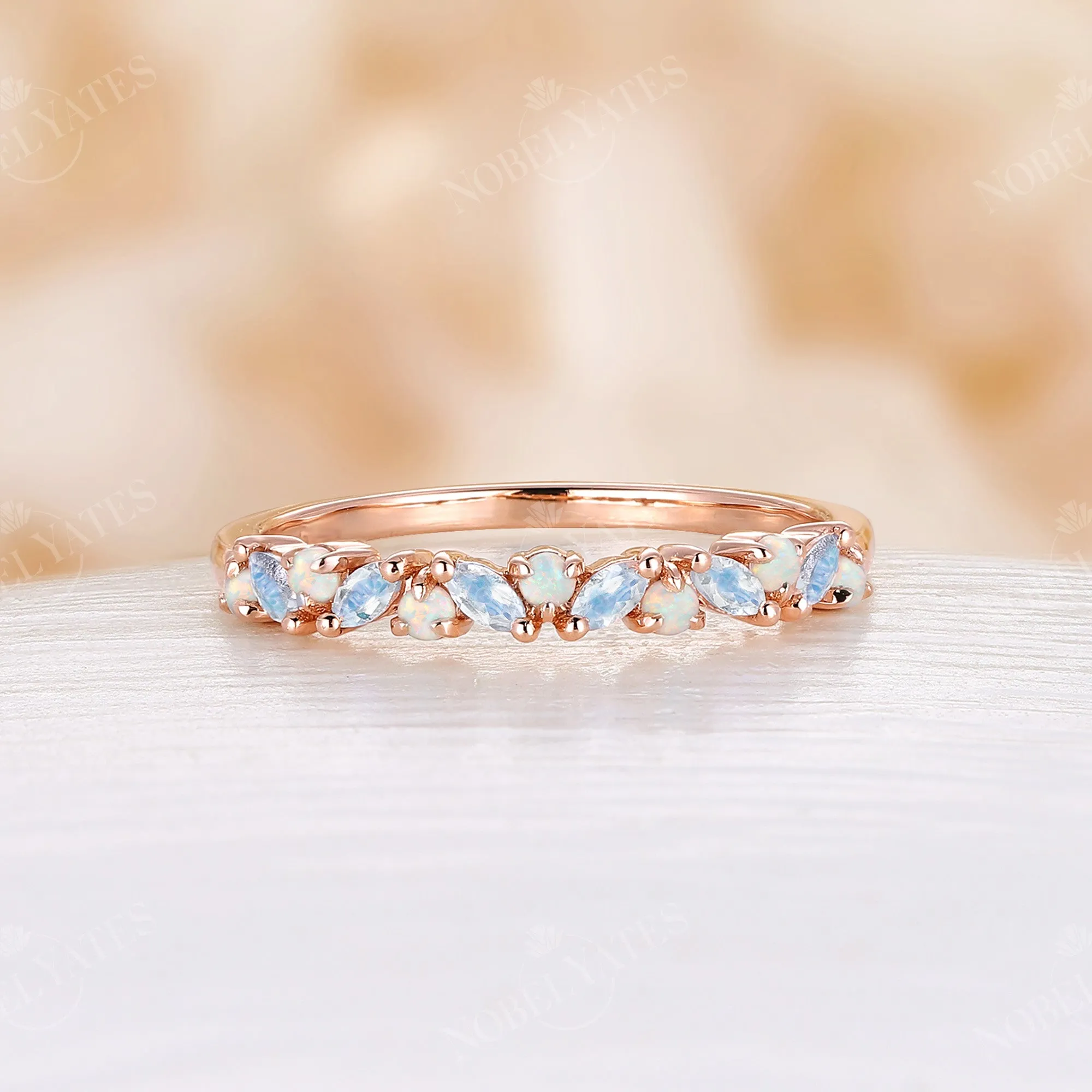 Marquise Moonstone & Round Opal Wedding Band Rose Gold