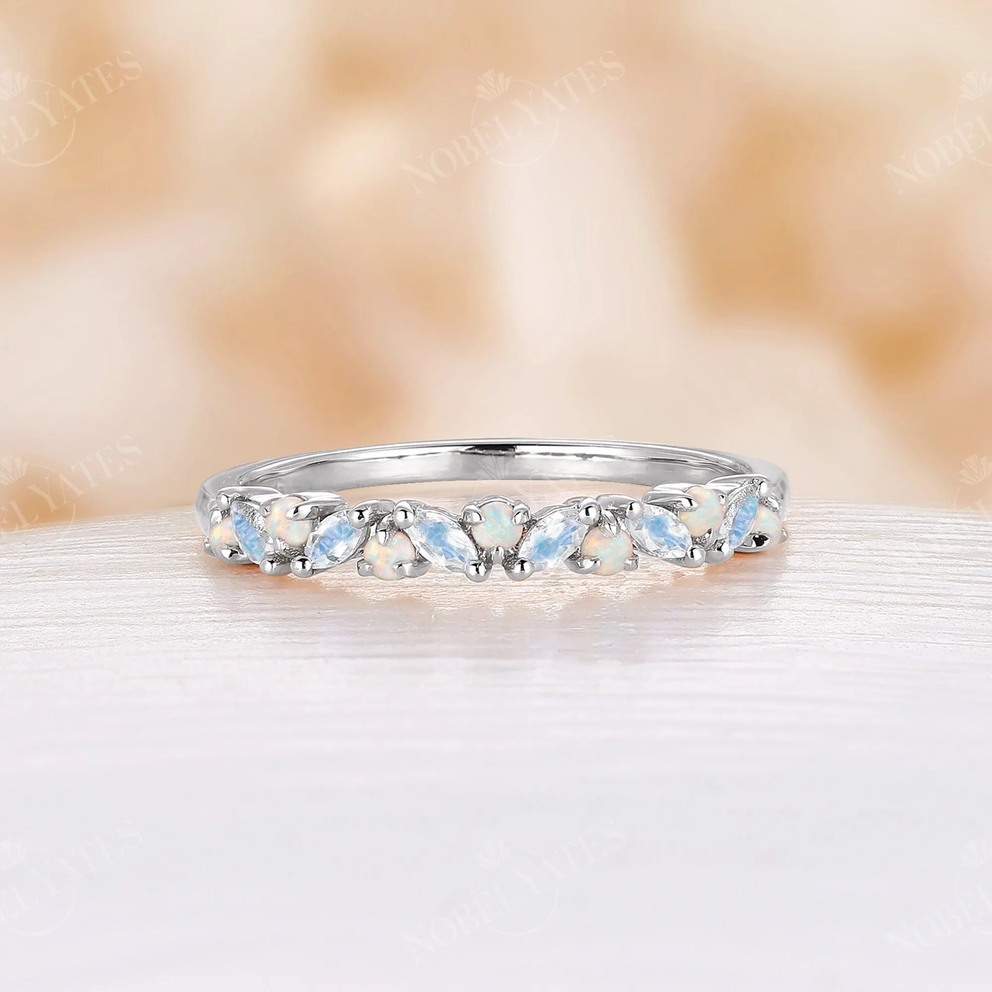 Marquise Moonstone & Round Opal Wedding Band Rose Gold