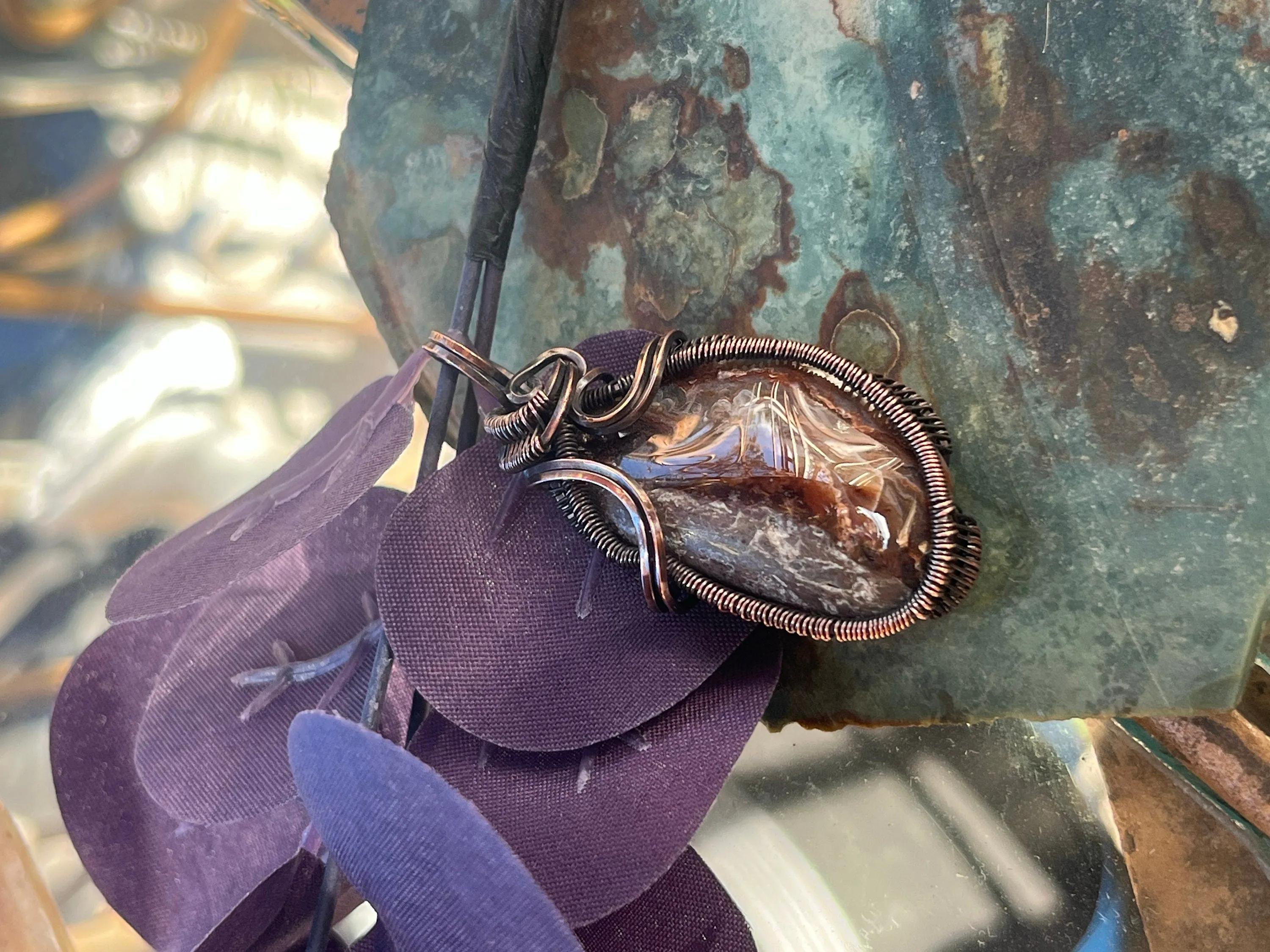 Moss Agate Oxidized Copper Wire Wrap Pendan
