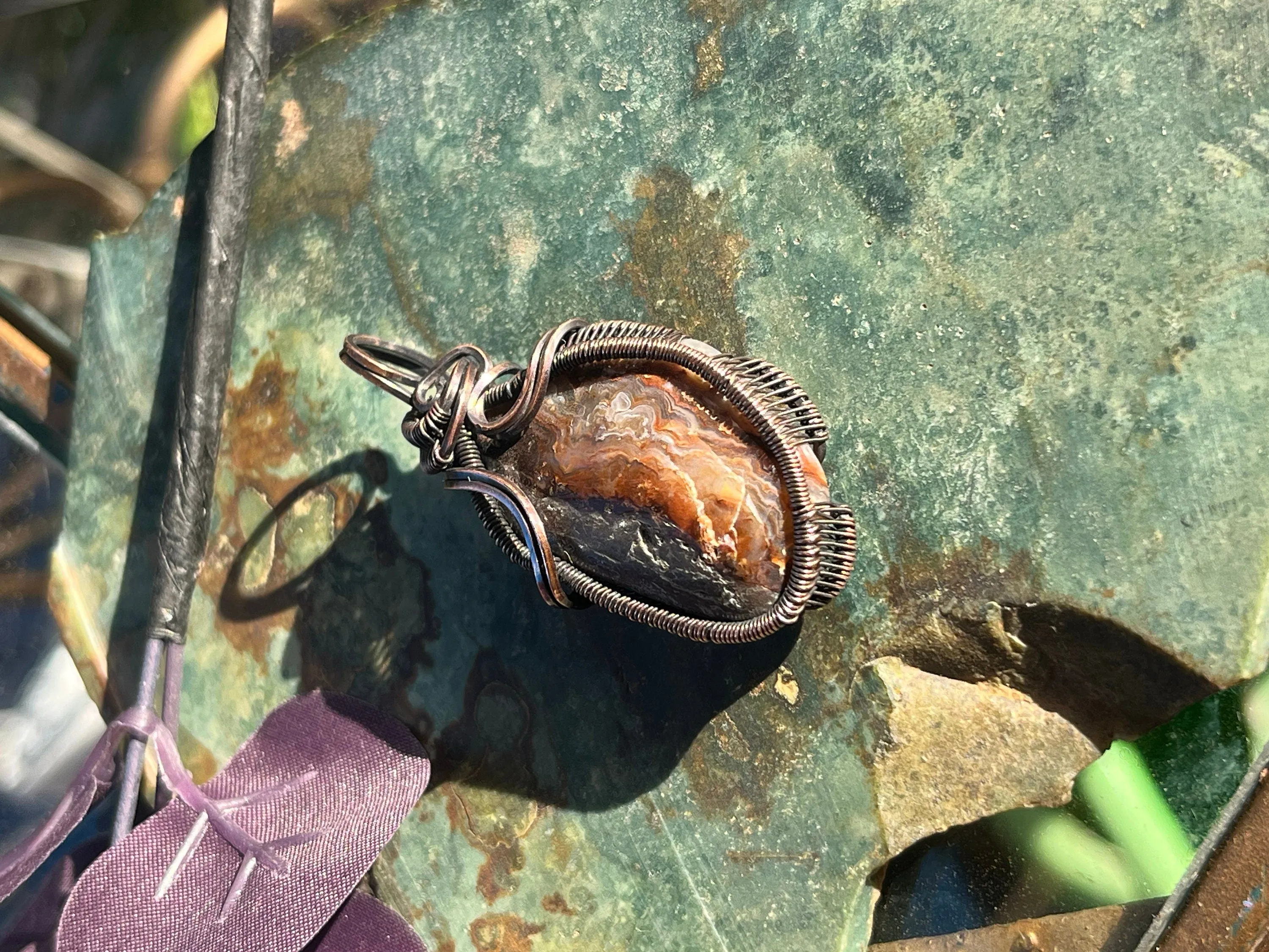 Moss Agate Oxidized Copper Wire Wrap Pendan