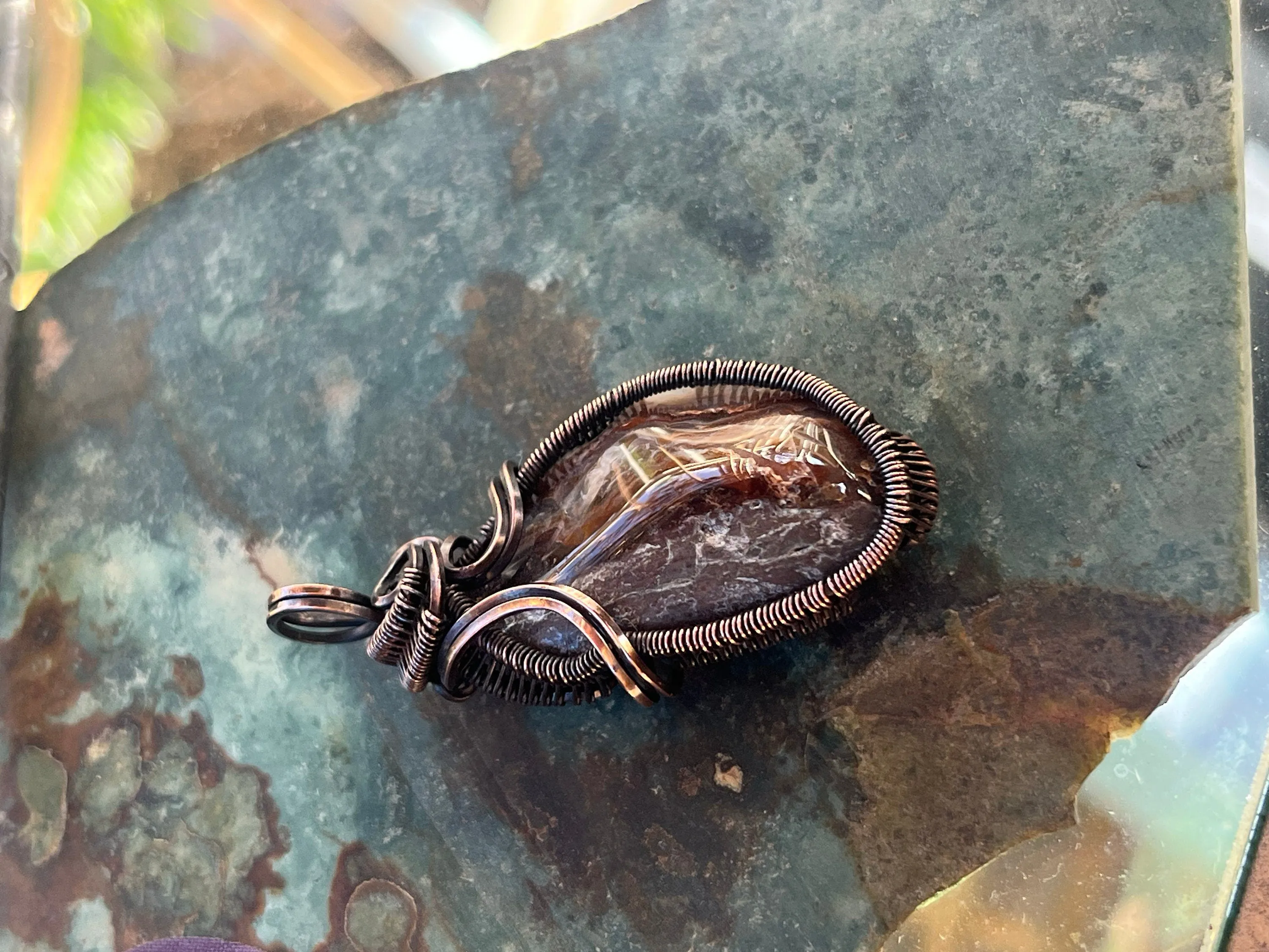 Moss Agate Oxidized Copper Wire Wrap Pendan