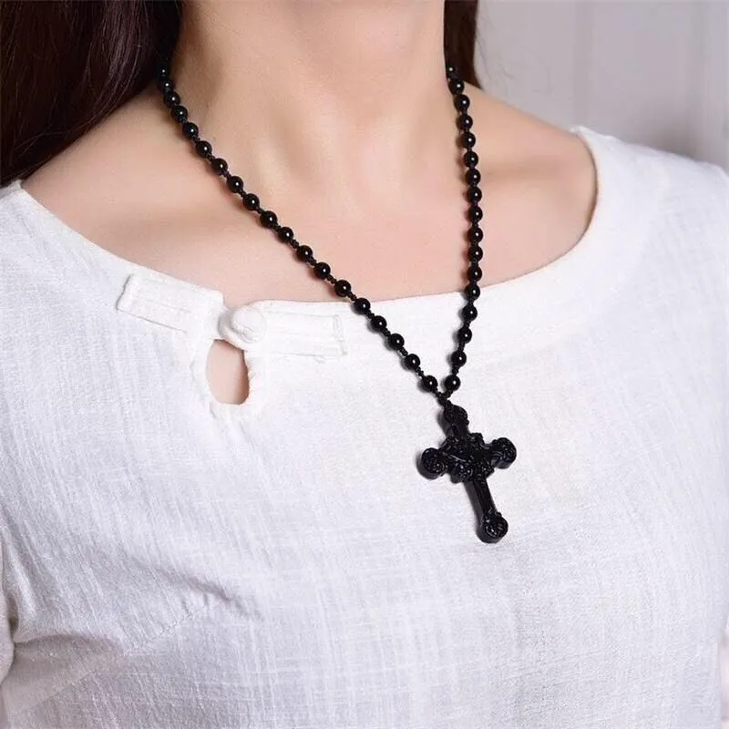 Natural Black Obsidian Jesus Cross Pendant Beads Necklace Fashion Charm Jewellery Hand-Carved Lucky Amulet Gifts Her Women Men