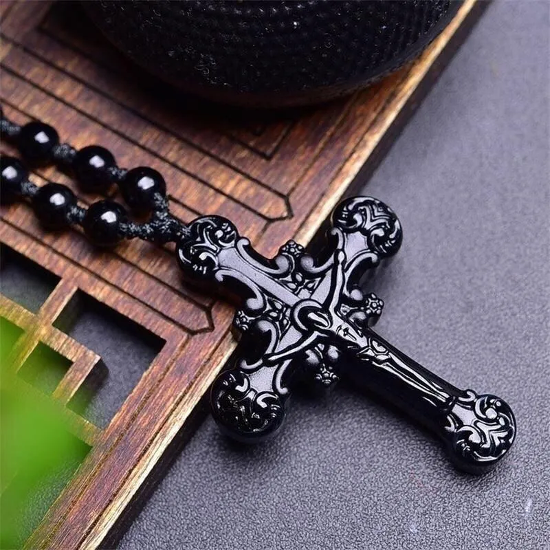 Natural Black Obsidian Jesus Cross Pendant Beads Necklace Fashion Charm Jewellery Hand-Carved Lucky Amulet Gifts Her Women Men