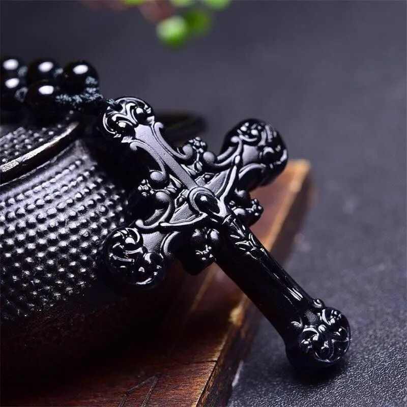 Natural Black Obsidian Jesus Cross Pendant Beads Necklace Fashion Charm Jewellery Hand-Carved Lucky Amulet Gifts Her Women Men