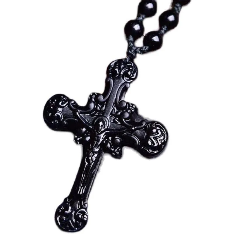 Natural Black Obsidian Jesus Cross Pendant Beads Necklace Fashion Charm Jewellery Hand-Carved Lucky Amulet Gifts Her Women Men