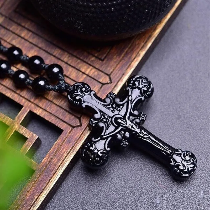 Natural Black Obsidian Jesus Cross Pendant Beads Necklace Fashion Charm Jewellery Hand-Carved Lucky Amulet Gifts Her Women Men
