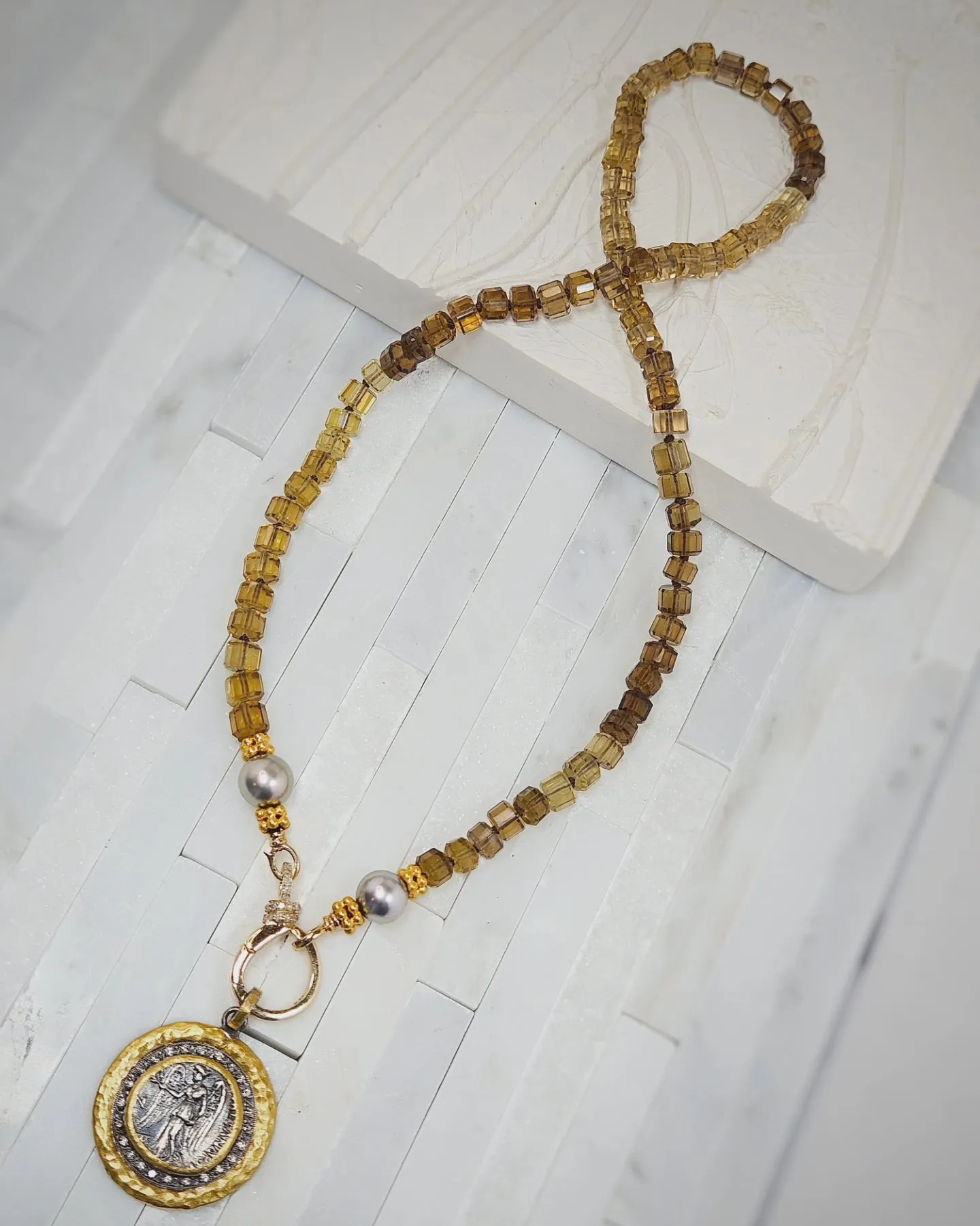 Natural Cognac Quartz Faceted Sugar Cubes & Tahitian Pearl 18K Gold Necklace 17"