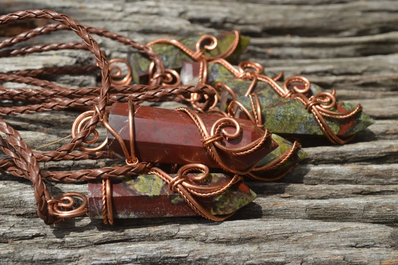 Polished Bastite (Epidote Piemontite) Dragons Blood Stone Crystals Set In Copper Art Wire Wrap Pendant - sold per piece - South Africa