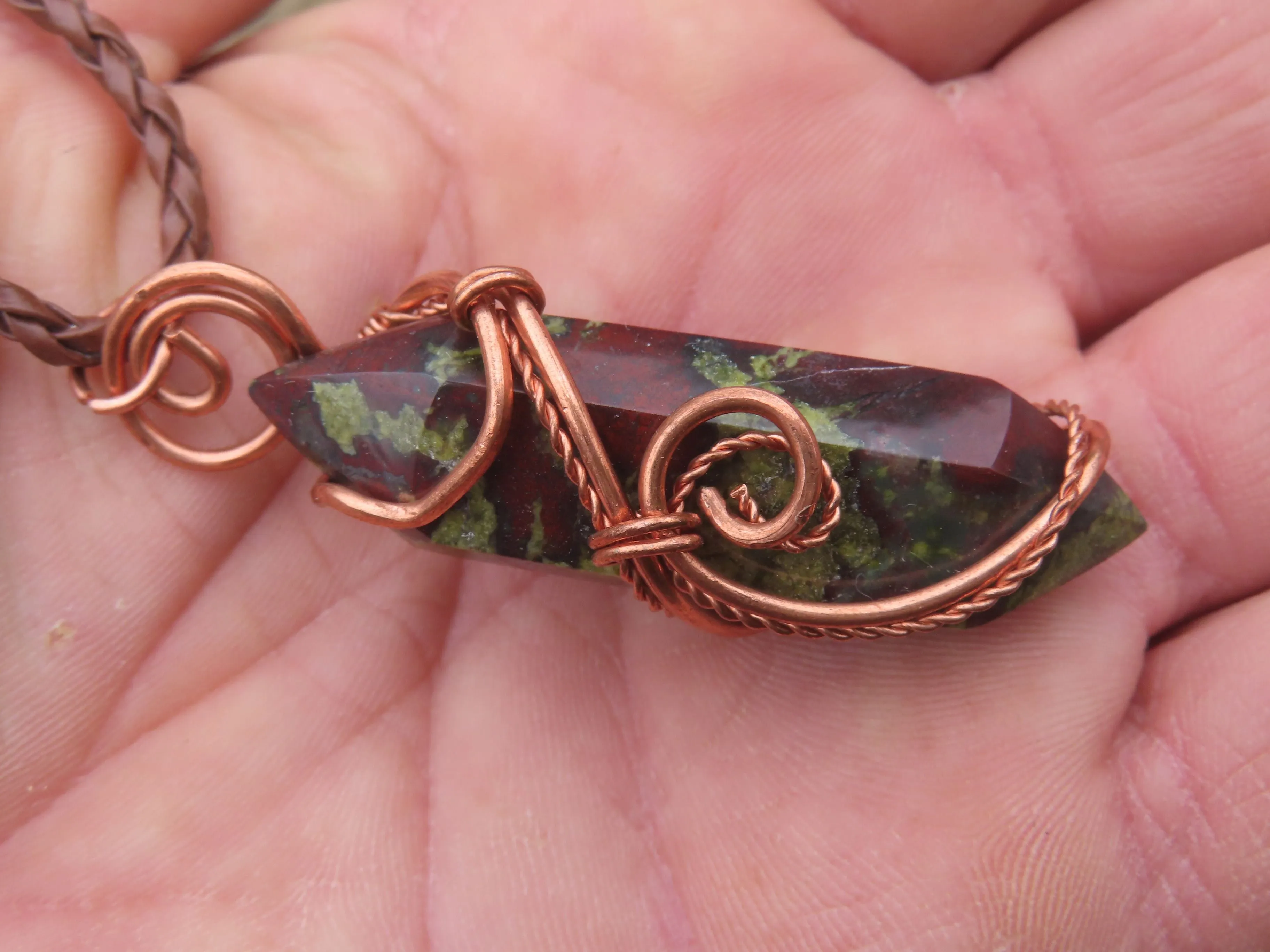 Polished Bastite (Epidote Piemontite) Dragons Blood Stone Double Terminated Crystals Set In Copper Art Wire Wrap Pendant - sold per piece - South Africa