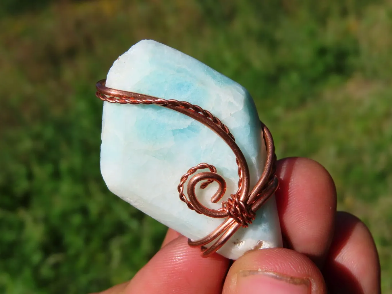 Polished Facetted Freeform Smithsonite Crystals Set In Copper Art Wire Wrap Pendant - sold per piece From South Africa