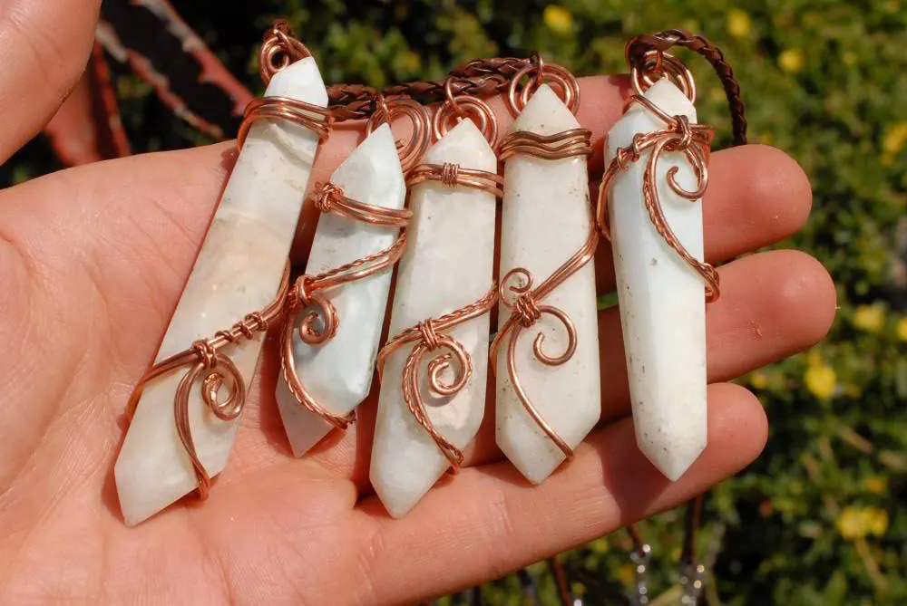 Polished White Smithsonite Spade Shaped Crystals Set In Copper Art Wire Wrap Pendant - sold per piece From Congo