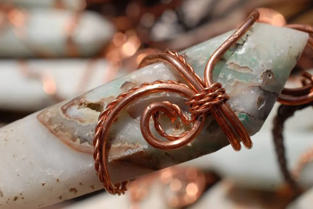 Polished White Smithsonite Spade Shaped Crystals Set In Copper Art Wire Wrap Pendant - sold per piece From Congo