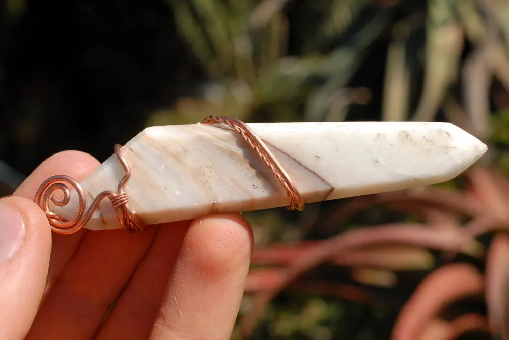 Polished White Smithsonite Spade Shaped Crystals Set In Copper Art Wire Wrap Pendant - sold per piece From Congo