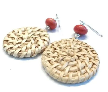 Red Coral Beaded Woven Wicker Earrings