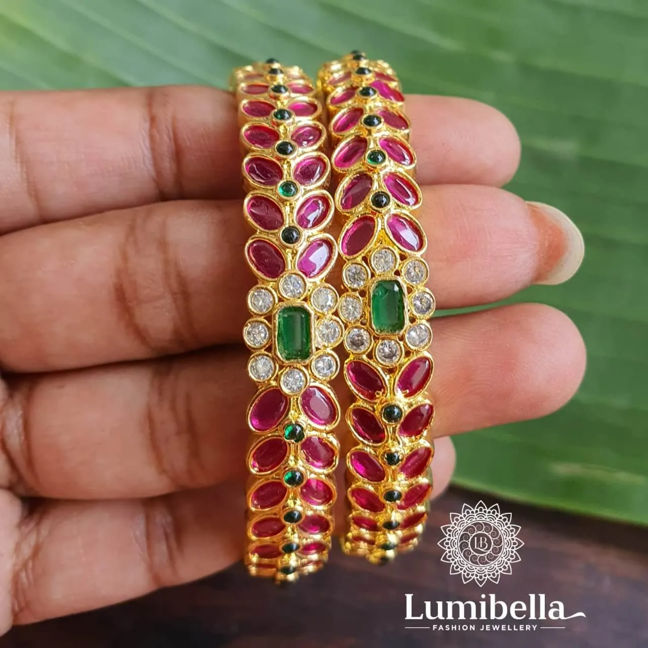 Ruby Floral Golden Bangles