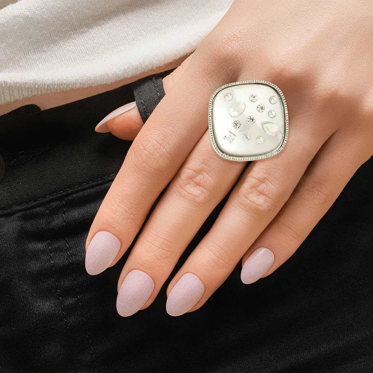 Silver Tone, Resin Pearl & Rhinestone Square Ring