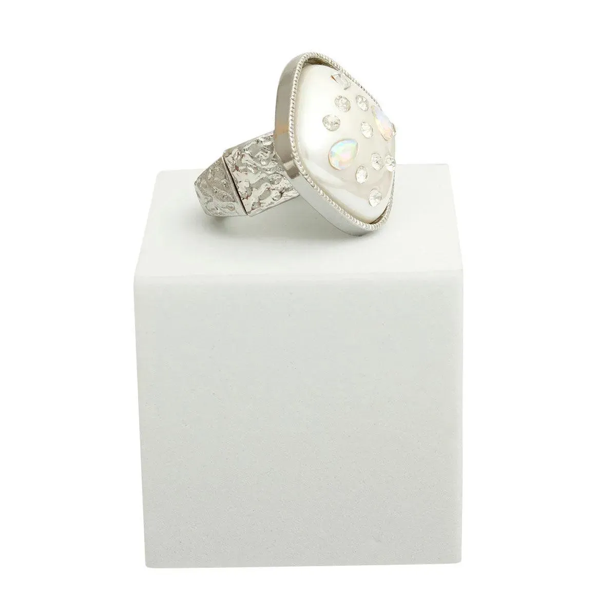 Silver Tone, Resin Pearl & Rhinestone Square Ring